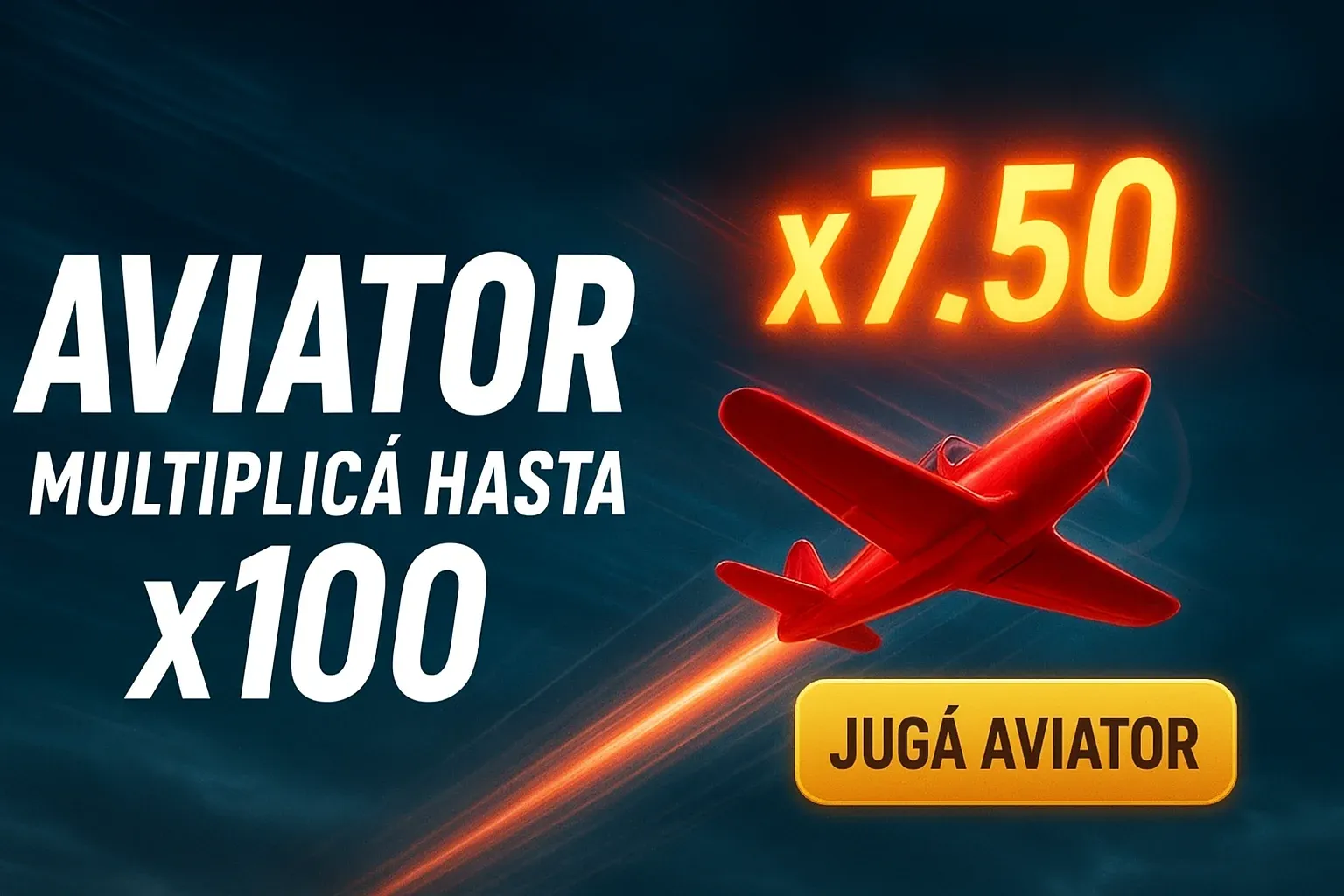 Banner Aviator con avión rojo, cielo oscuro y multiplicador x7.50 brillante