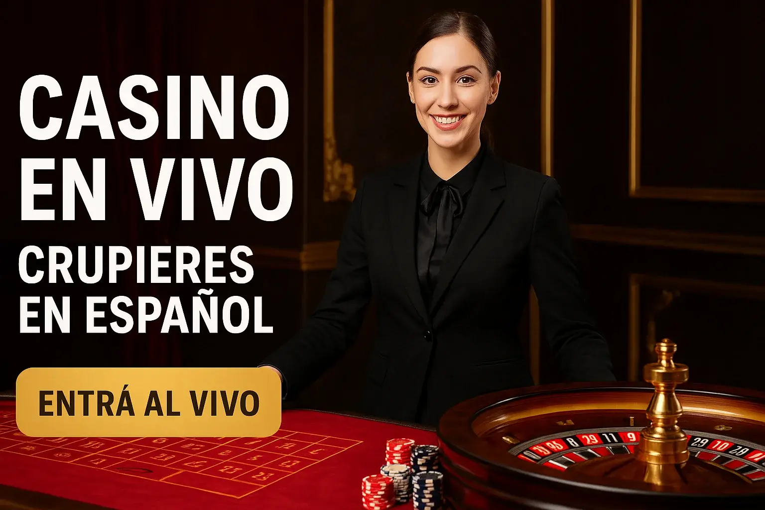 Banner casino en vivo con crupieres en español y botón Entrá al vivo