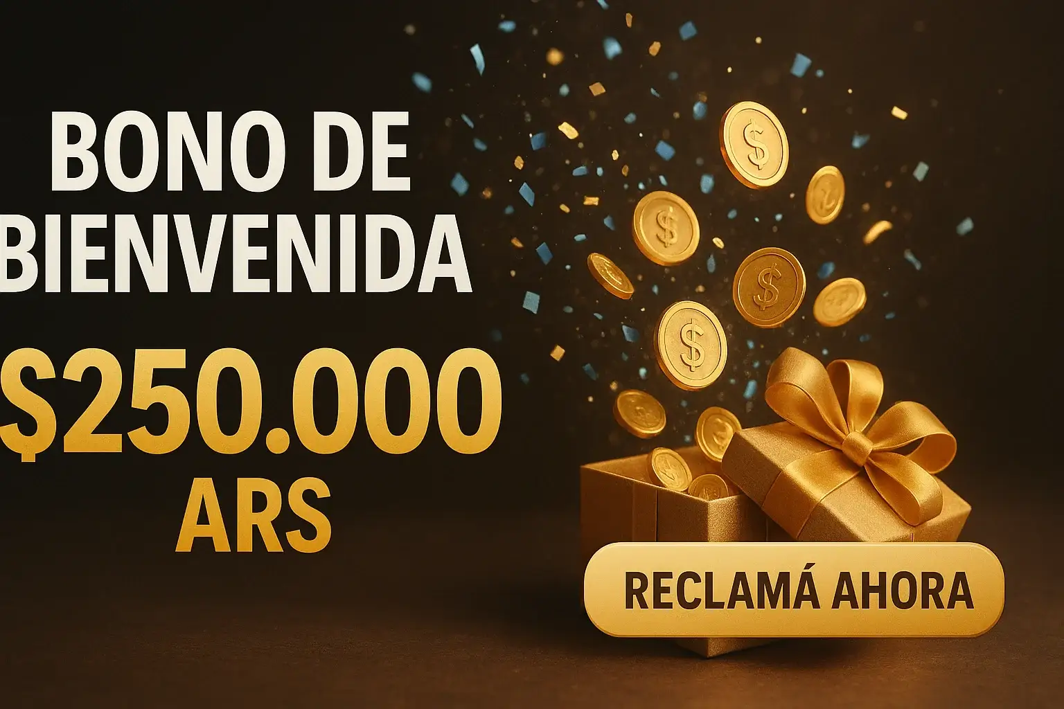 Banner de casino con bono de bienvenida $250.000 ARS y botón Reclamá Ahora